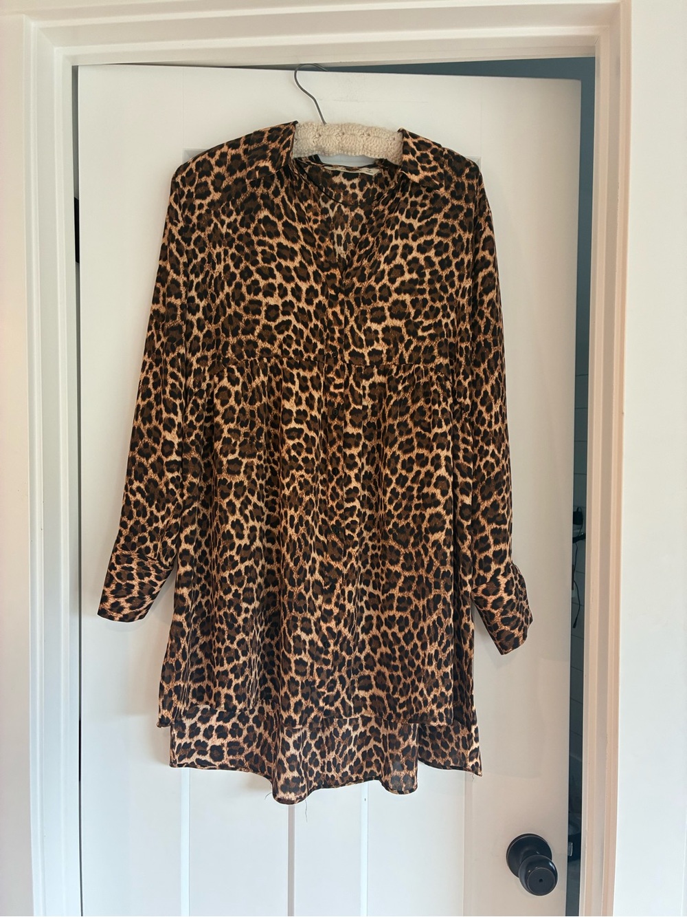 Zara Leopard Print Long-Sleeve babydoll shirt Dress - Brown silky medium Fall